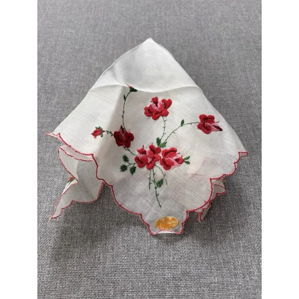 Vintage Embroidery All Cotton Hankie Handkerchief Red Floral & Sticker Scalloped